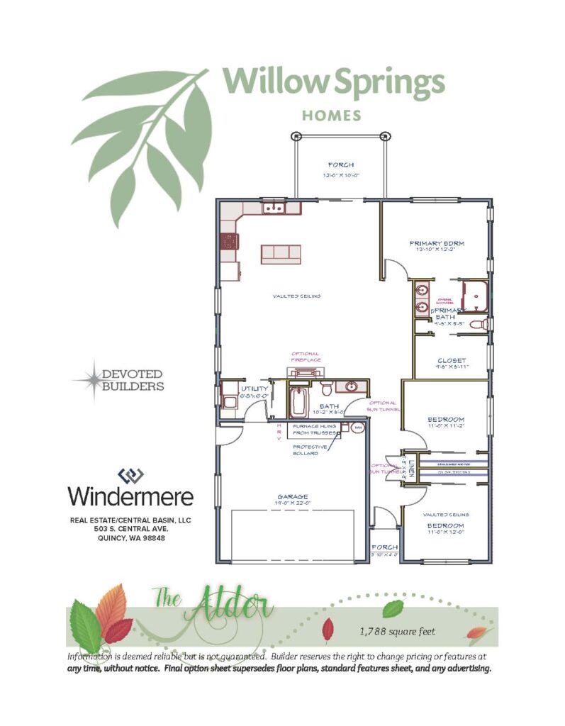 The Alder floor plan layout, 1,788 square feet, Willow Springs Quincy WA