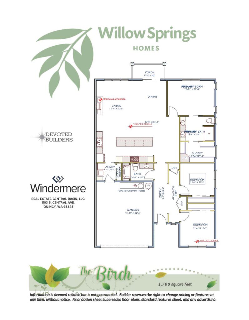 The Birch floor plan layout, 1,788 square feet, Willow Springs Quincy WA