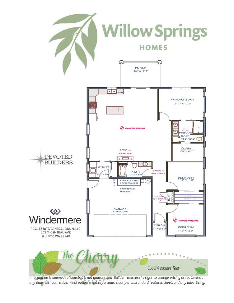 The Cherry floor plan layout, 1,624 square feet, Willow Springs Quincy WA