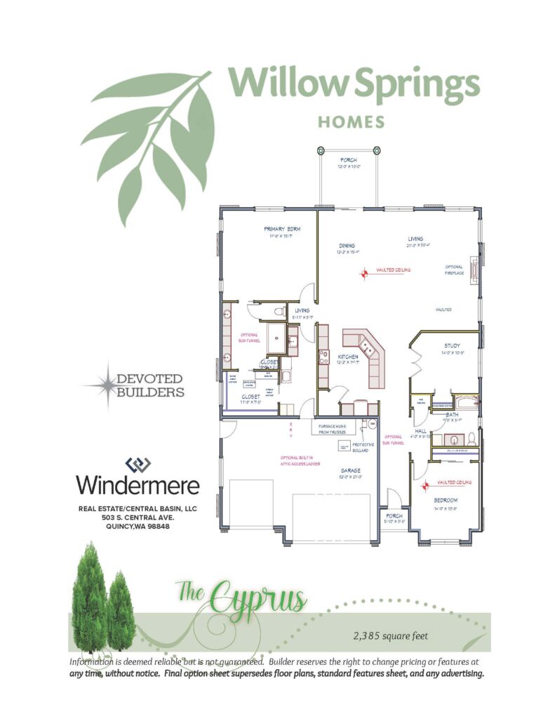 The Cyprus floor plan layout, 2,385 square feet, Willow Springs Quincy WA
