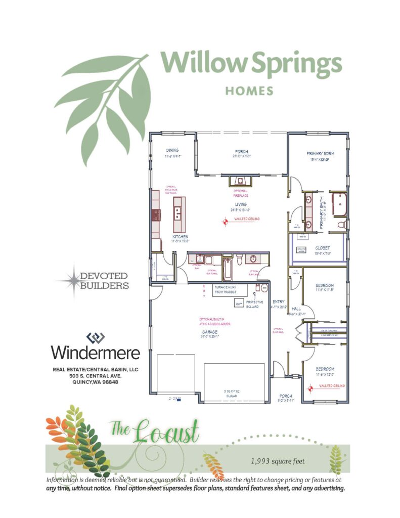 The Locust floor plan layout, 1,993 square feet, Willow Springs Quincy WA