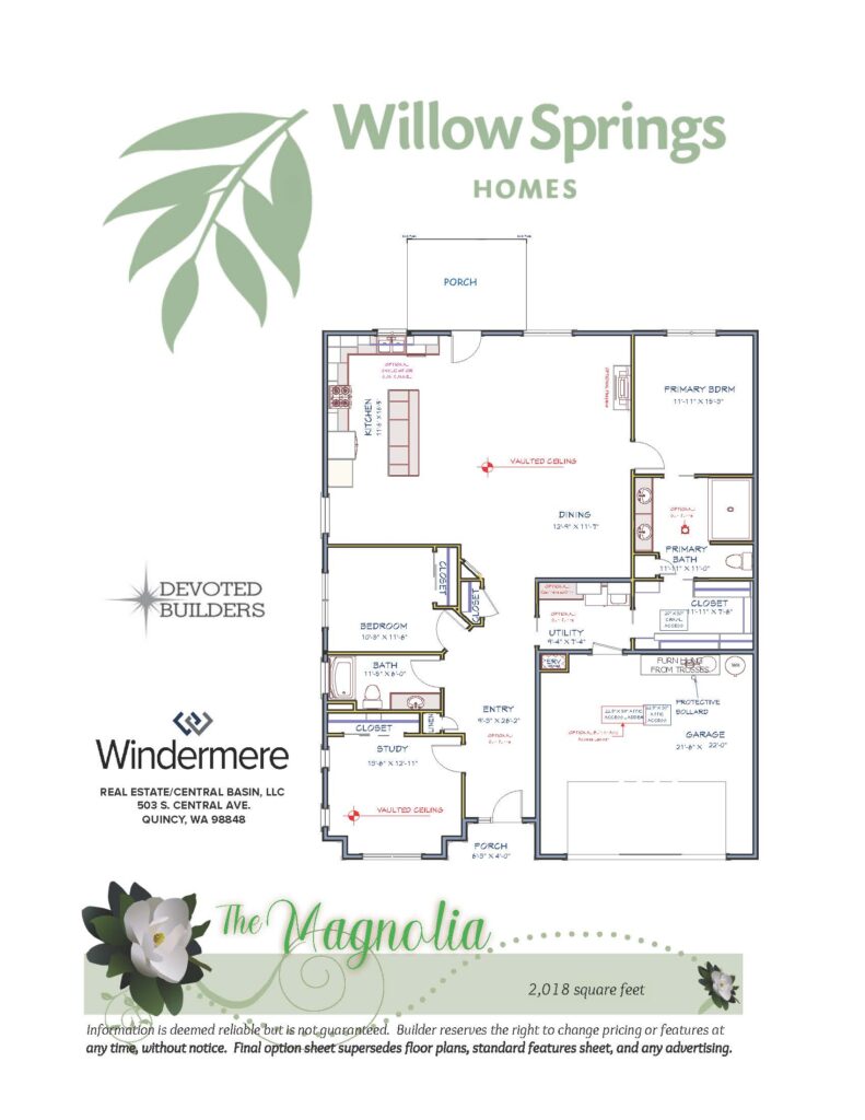 The Magnolia floor plan layout, 2,018 square feet, Willow Springs Quincy WA