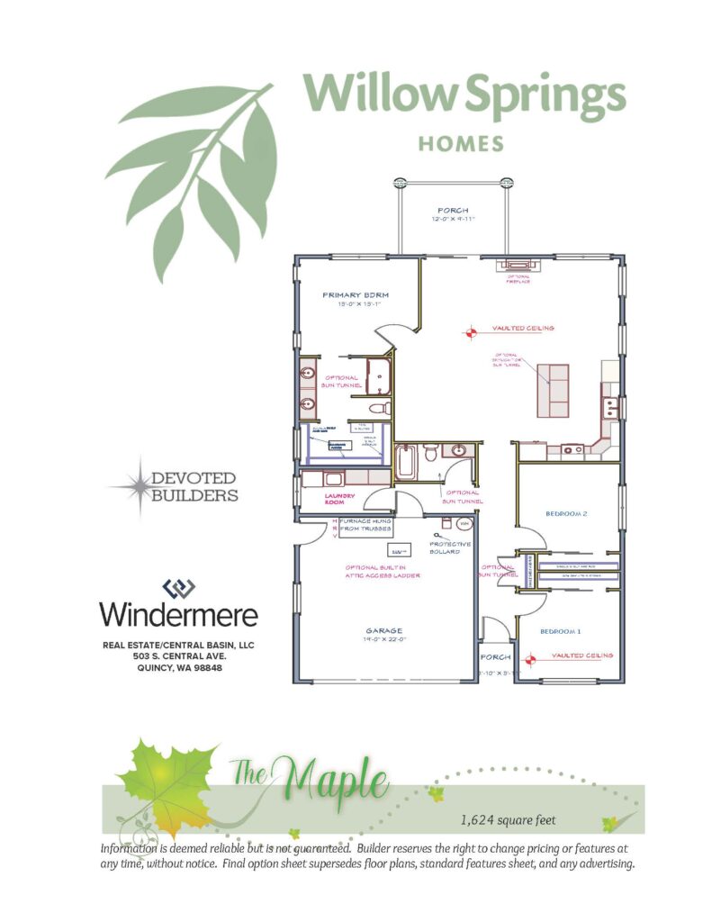 The Maple floor plan layout, 1,624 square feet, Willow Springs Quincy WA