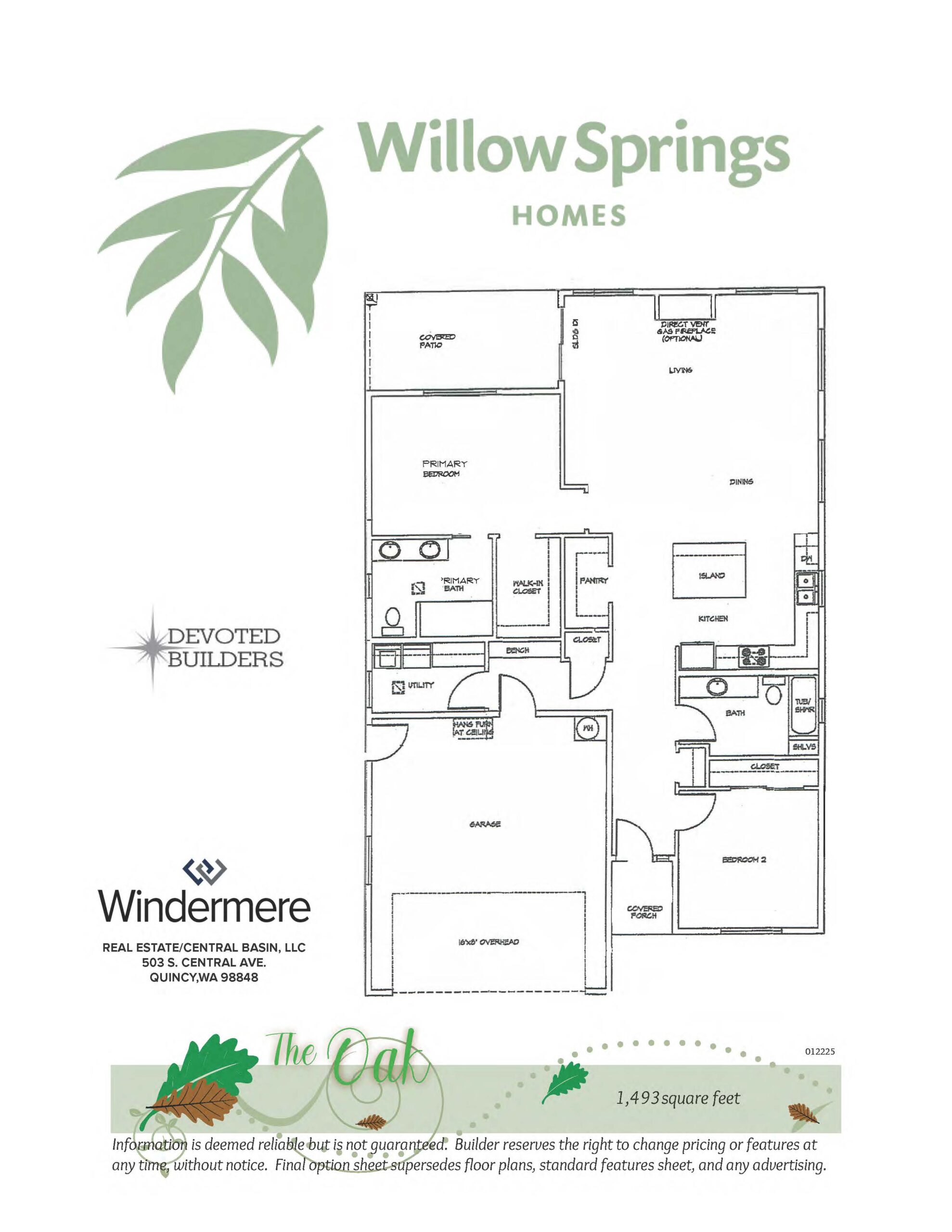 The Oak floor plan layout, Willow Springs Quincy WA