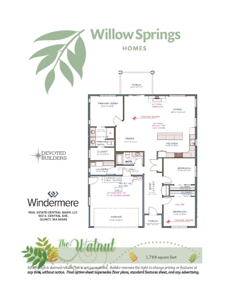The Walnut floor plan layout, 1,788 square feet, Willow Springs Quincy WA