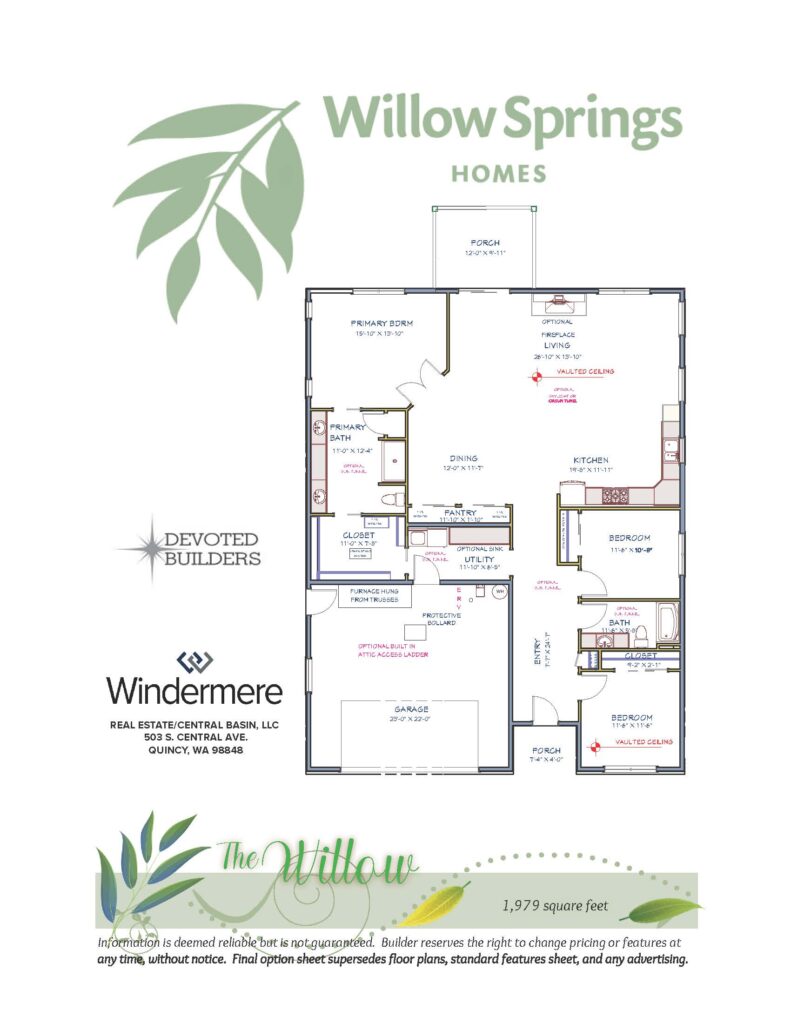 The Willow floor plan layout, 1,979 square feet, Willow Springs Quincy WA